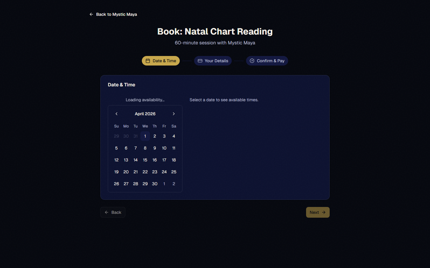 The client booking flow: service selection cards, date/time picker, birth data questionnaire, and Stripe payment form