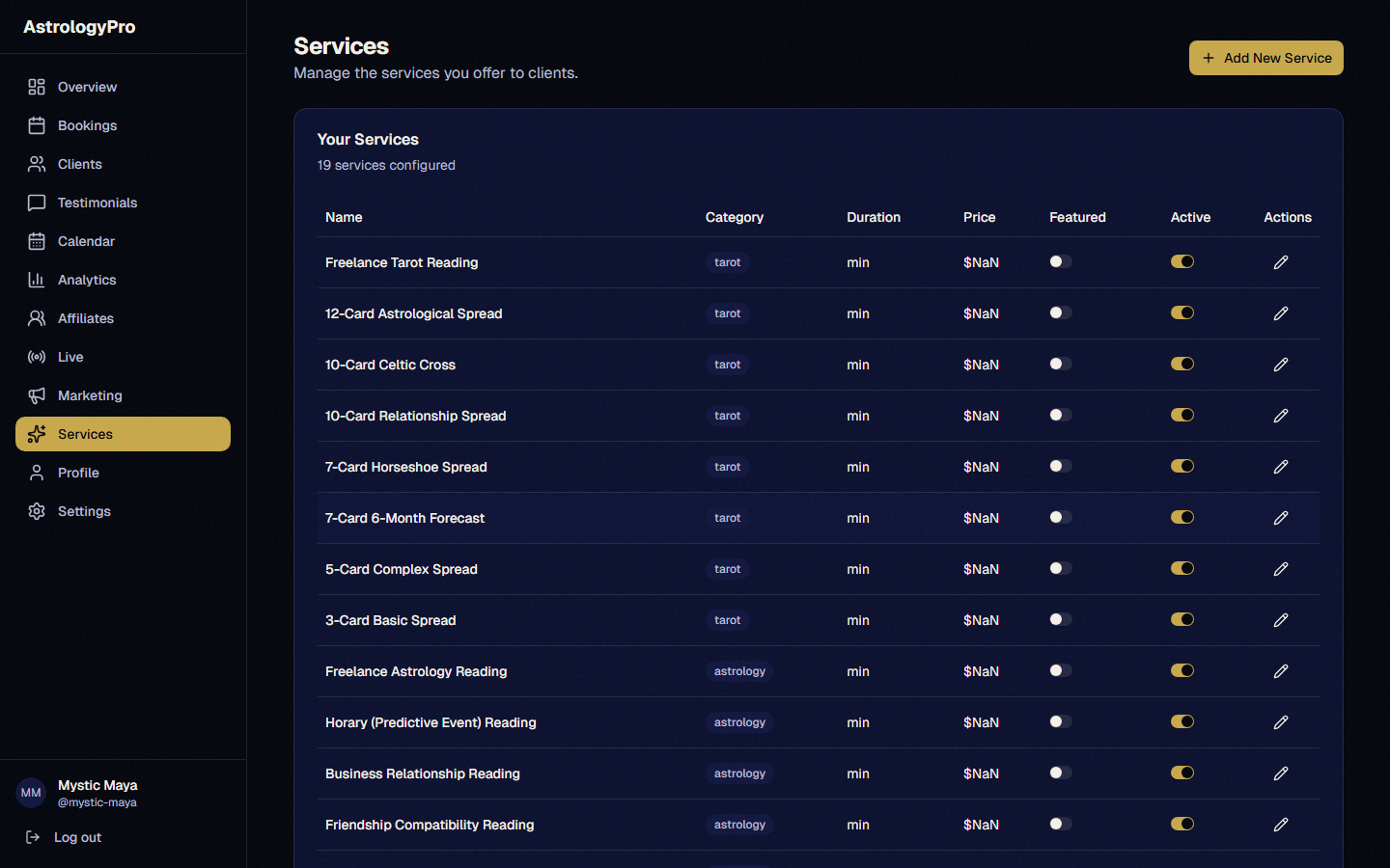The service selection grid showing astrology and tarot service cards with toggle switches, price inputs, and featured star buttons