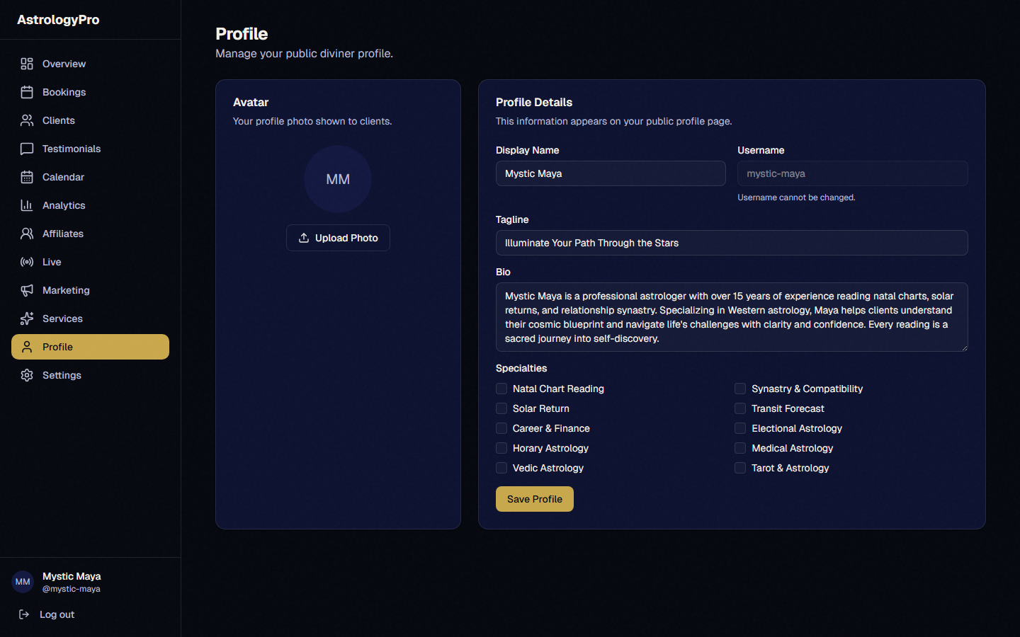 The profile editing screen showing photo upload area, bio textarea with AI generate button, tagline input, and specialty checkboxes