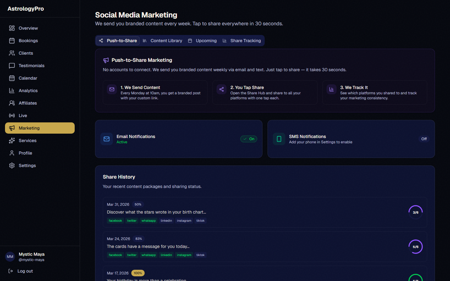 The social share hub showing a branded content card with Share Everywhere button and individual platform options