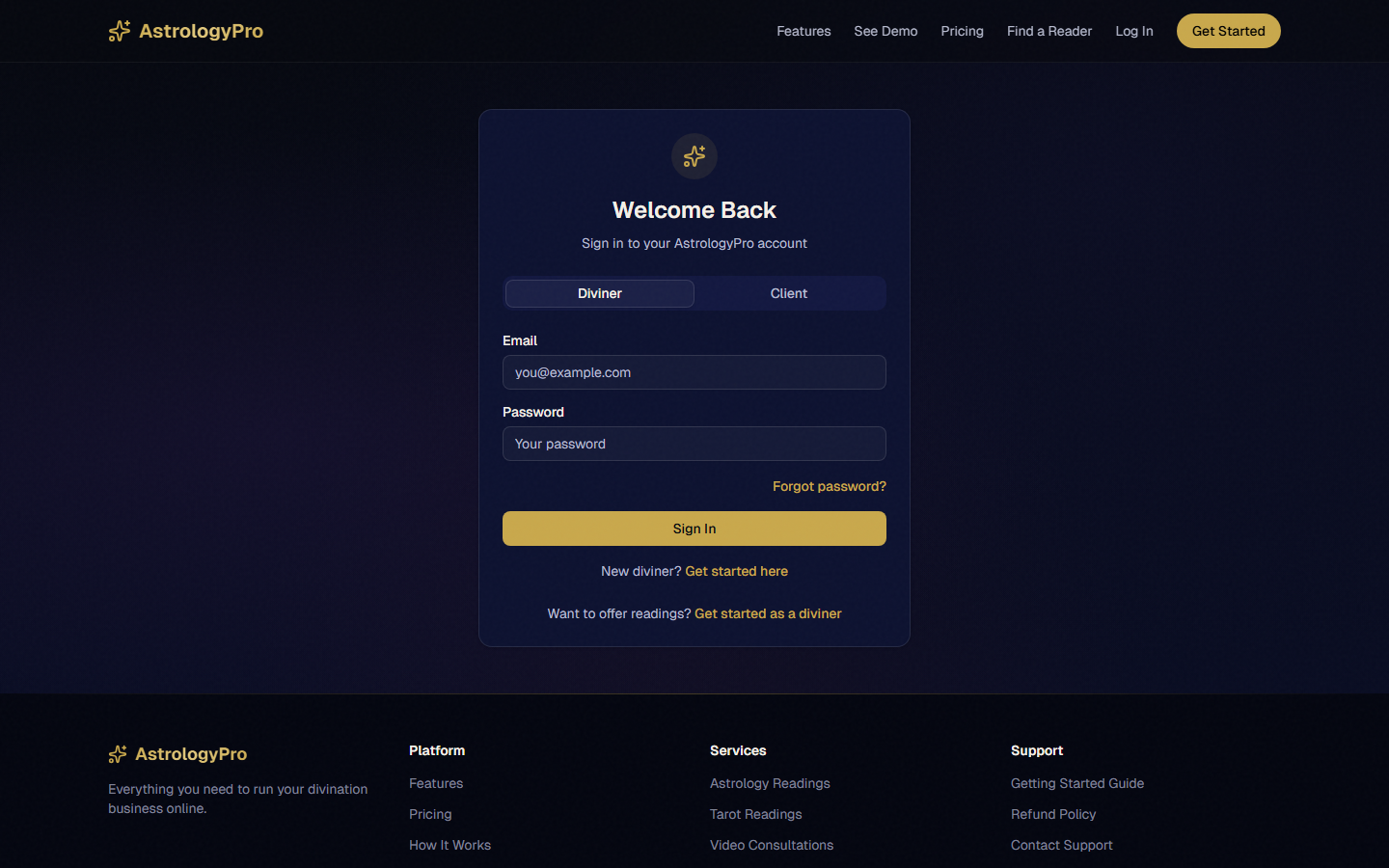 The client portal dashboard showing upcoming bookings, past session list with recording links, and profile section
